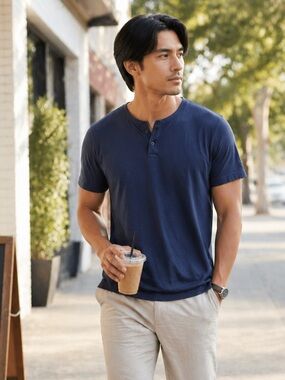 Public Rec Navy Pima Cotton Tencel Short Sleeve Henley Shirt Top Size XL Casual